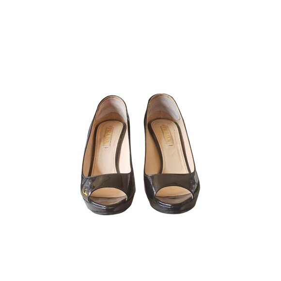 Prada Patent Leather Open-Toe Platform Size 39 Black Heels Stiletto Pumps - Picture 1 of 6